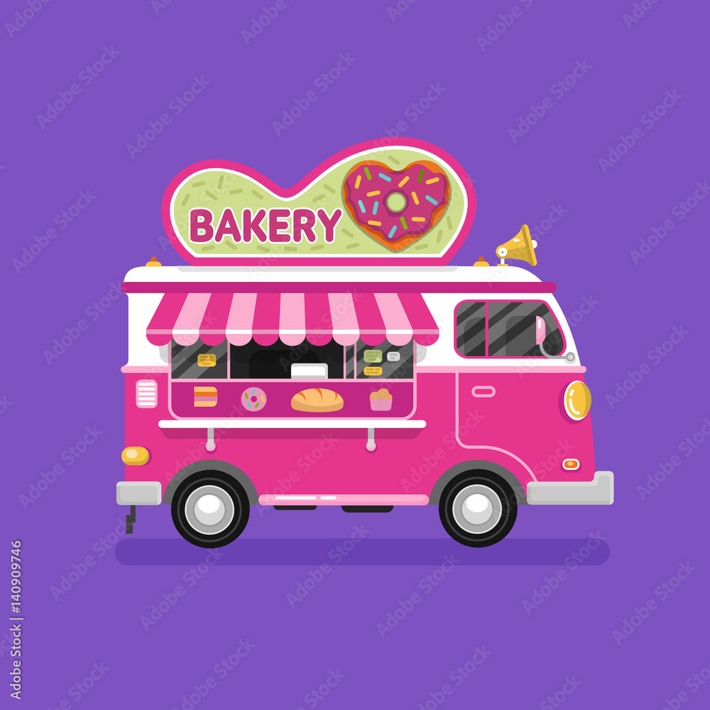 Flat design vector illustration of cartoon bakery car. Mobile retro vintage shop truck icon with signboard with donut in heart shape with glaze. Van side view, isolated