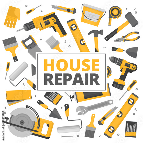 Home repair banner. Construction tools. Hand tools for home renovation and construction. Flat style, vector illustration.