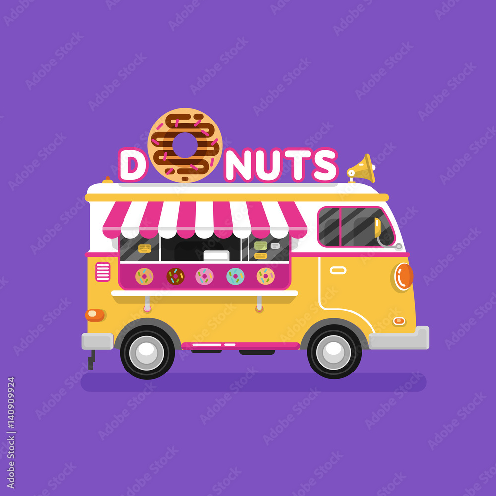 Flat design vector illustration of cartoon donuts van. Mobile retro vintage  shop truck icon with signboard with big donut with tasty glaze. Car side  view, isolated Stock Vector | Adobe Stock