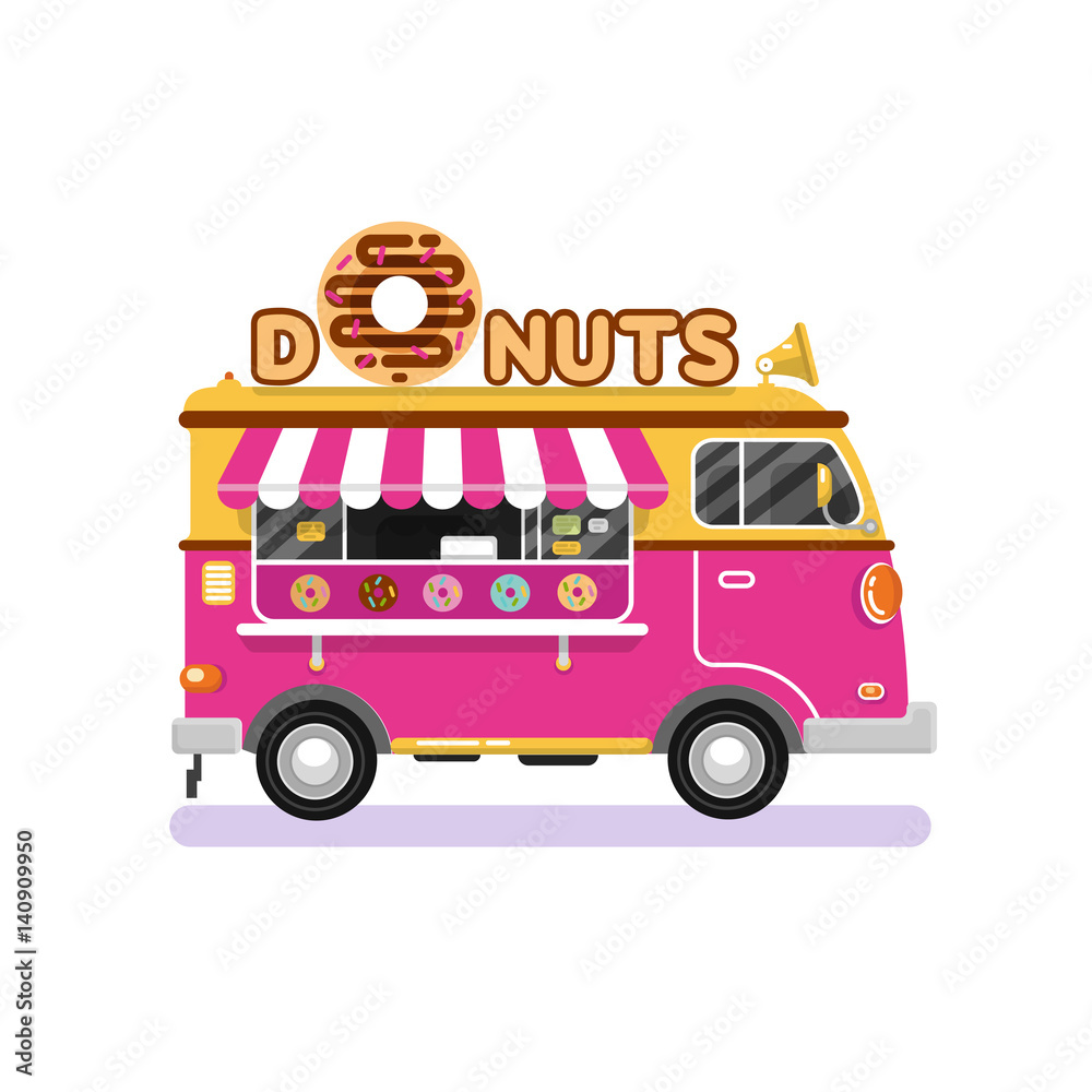 Flat design vector illustration of cartoon donuts van. Mobile retro vintage shop truck icon with signboard with big donut with tasty glaze. Car side view, isolated on white background.