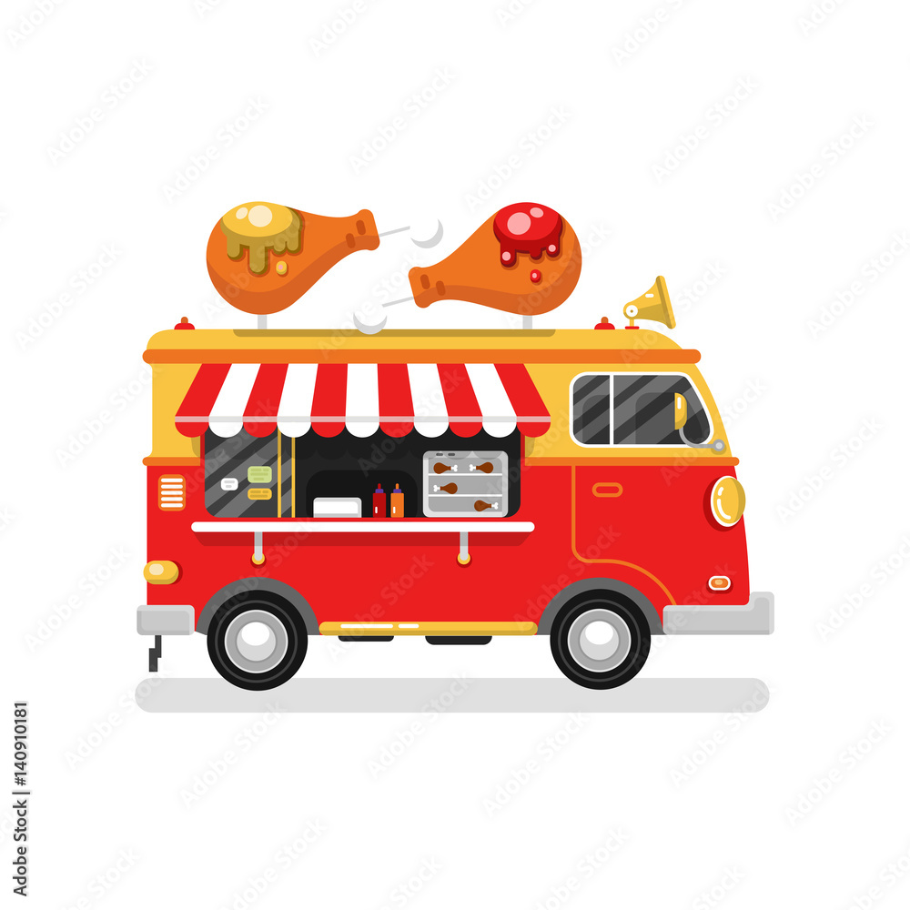 Flat design vector illustration of cartoon fried chicken van. Mobile retro  vintage shop truck icon with