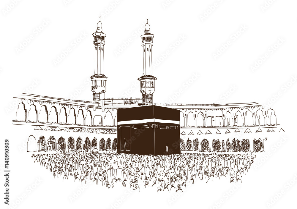 Holy Kaaba in Mecca Saudi Arabia with muslim people, hand drawn, vector sketch