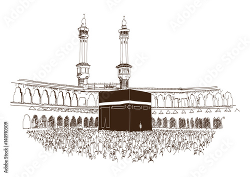 Holy Kaaba in Mecca Saudi Arabia with muslim people, hand drawn, vector sketch photo