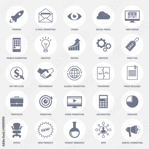 Set of modern flat design icons for internet marketing, media and business