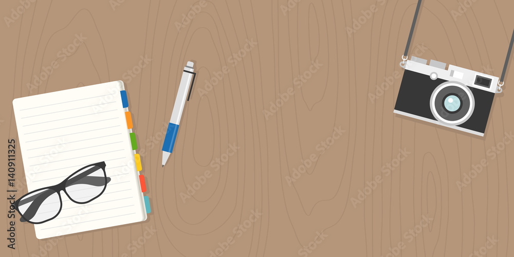 glasses, camera and notebook in flat design with space on wooden background for banner or advertise glasses, camera and notebook in flat design with space on wooden background for banner or advertise