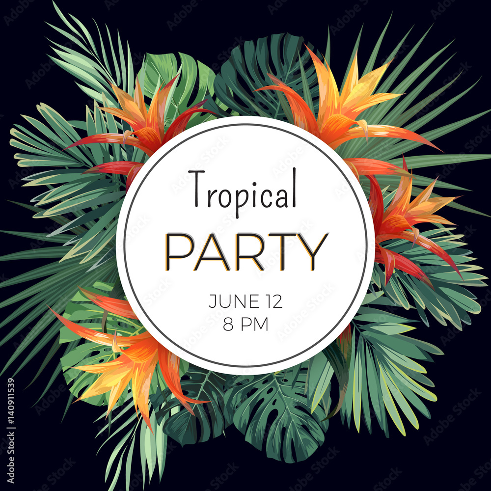 Fototapeta premium Customizable vector floral design template for summer party. Tropical flyer with green exotic plants and flowers.