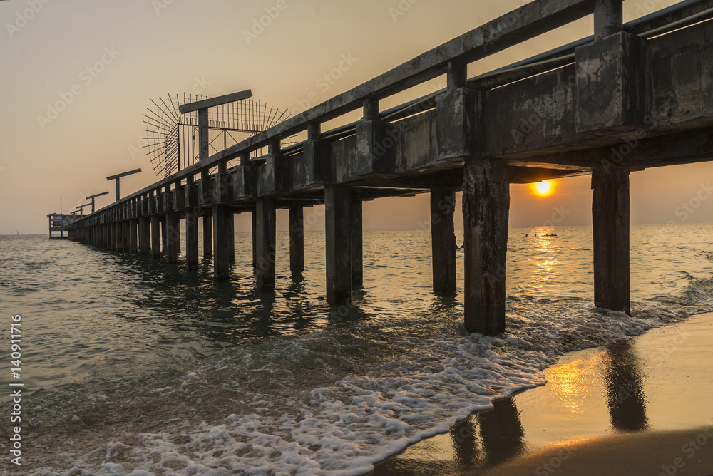 Fisherman bridge with sun light background at dusk