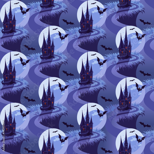 Seamless Halloween Pattern with Moon and Castle