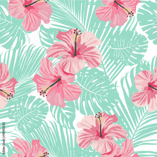 Tropical coral flowers and leaves background. Seamless. Vector. 
