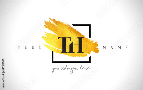 TH Golden Letter Logo Design with Creative Gold Brush Stroke