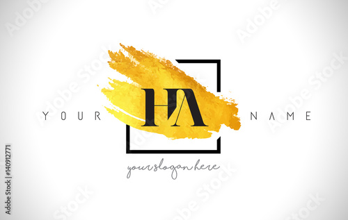 HA Golden Letter Logo Design with Creative Gold Brush Stroke
