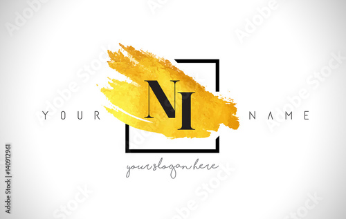 NI Golden Letter Logo Design with Creative Gold Brush Stroke