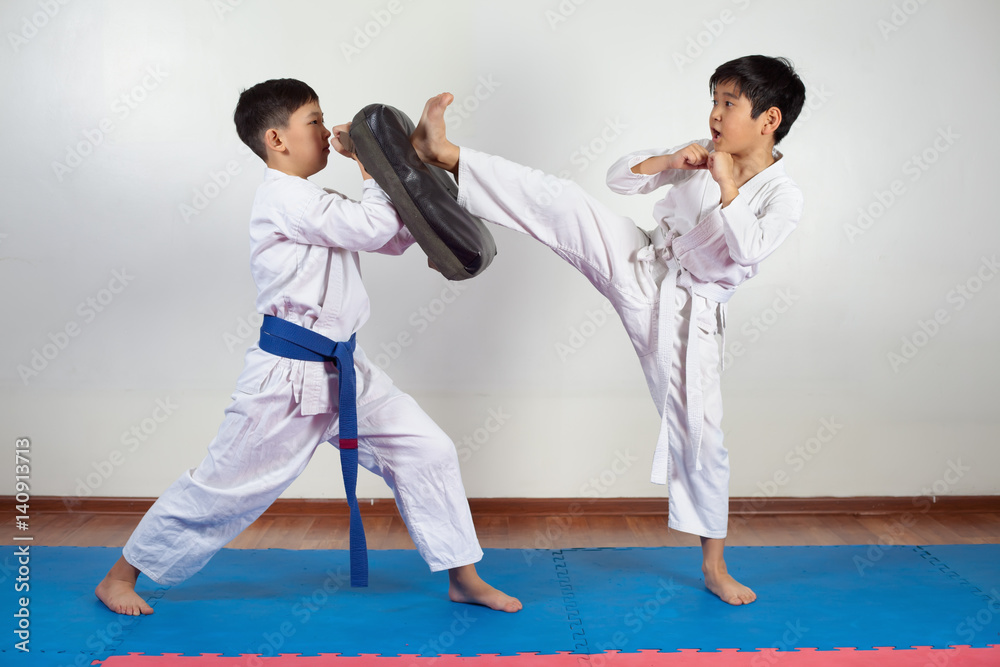 Two boys demonstrate martial arts working together Two boys demonstrate martial arts working together