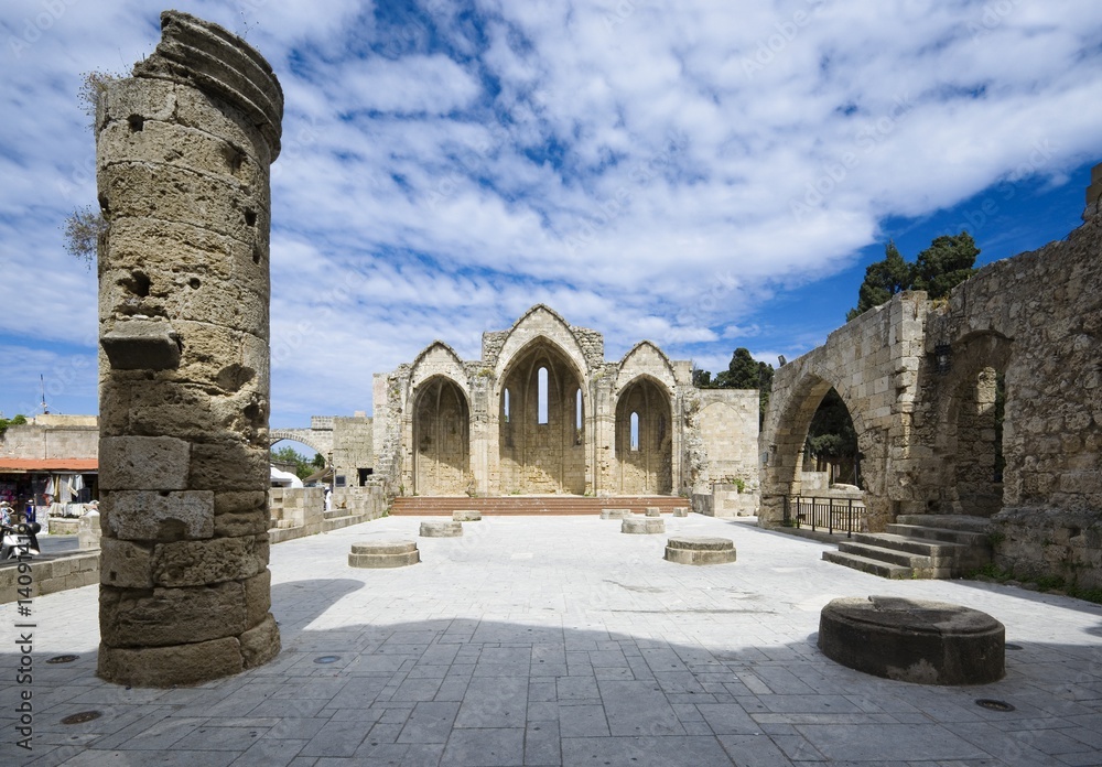 Ruins of the Church of the Virgin of the Burgh in the Old Town of Rhodes, Greece