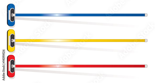 curling brooms blue, yellow and red viewed from above