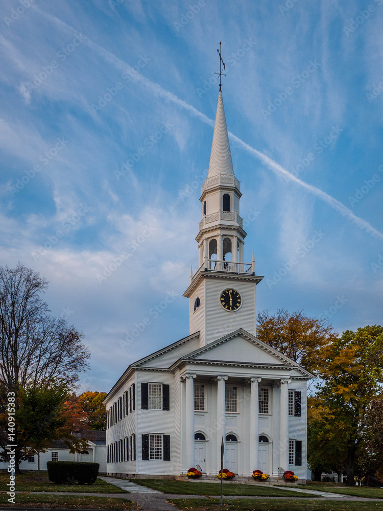 White New England Church with Autumn Colors
