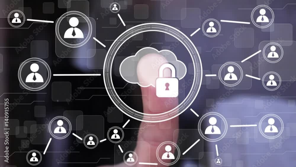 Businessman pressing button cloud lock web network icon Businessman pressing button cloud lock web network icon