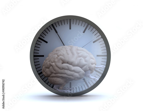 Human brain organ with arms and legs running in a hamster wheel as a clock