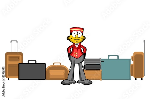 Bellboy and suitcases isolated on white photo