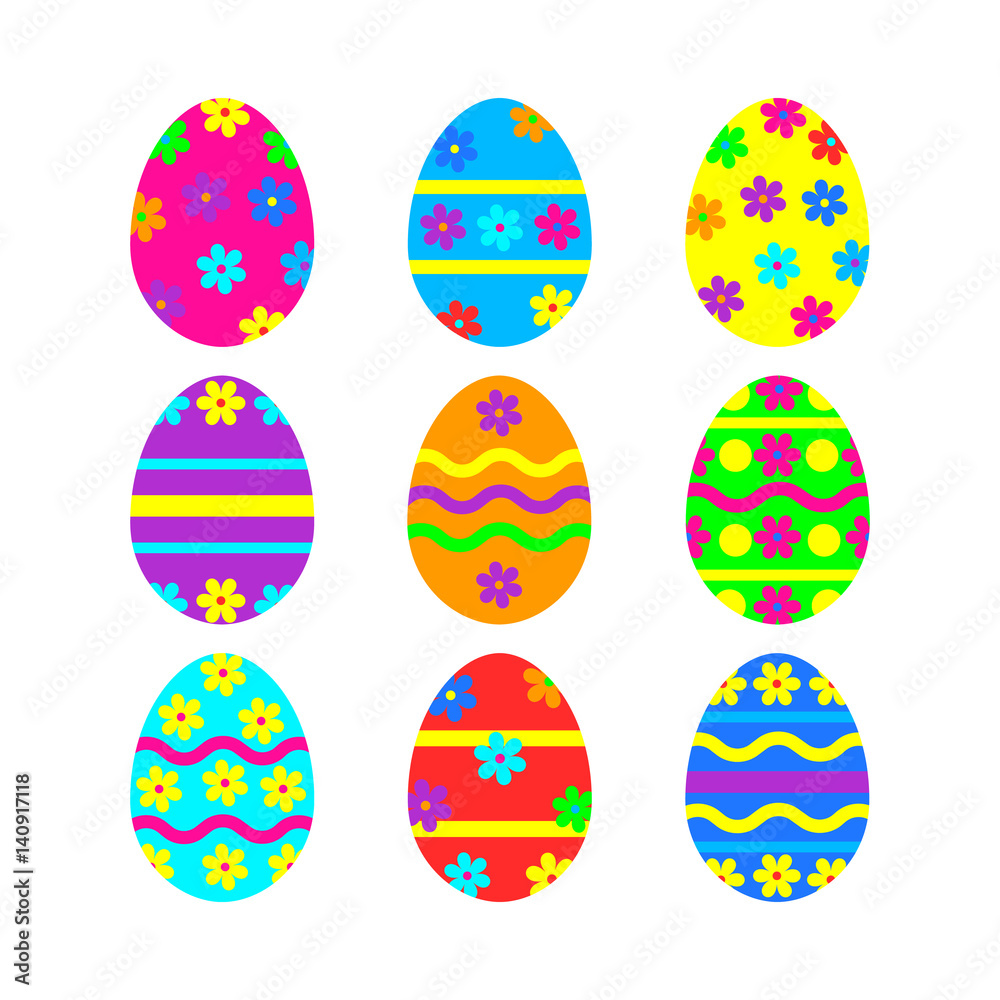 Easter eggs vector icon background. Flat style of colorful eggs with flowers. Vector illustration on white