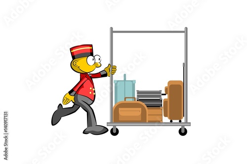 Bellboy and suitcases isolated on white