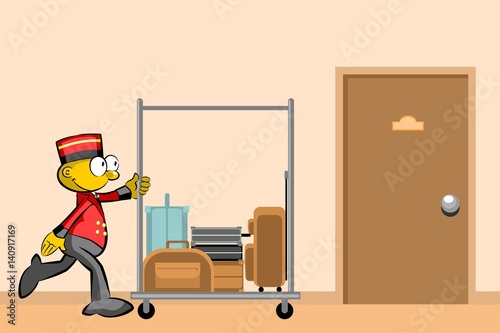 Bellboy and suitcases In the hallway of the hotel photo