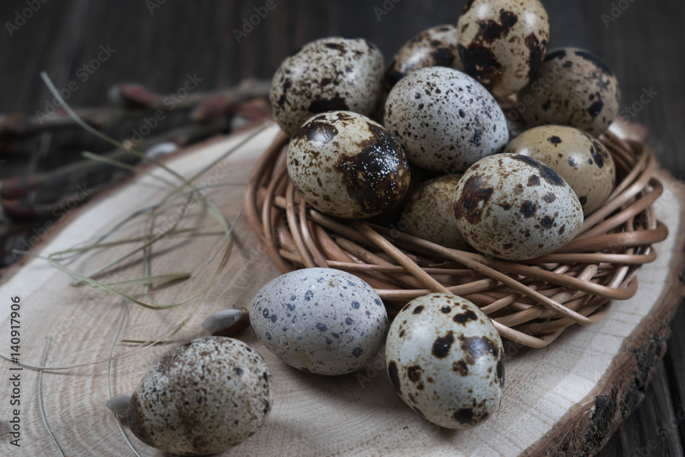 Nest with quail eggs, twigs of willow blossom. Easter concept Nest with quail eggs, twigs of willow blossom. Easter concept