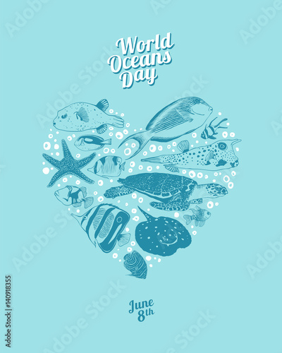 World Oceans Day. June 8th. Heart of sea animals