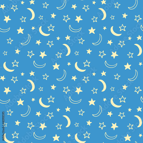 Seamless pattern with sky, stars, moon. Doodle background for baby shower, greeting card.