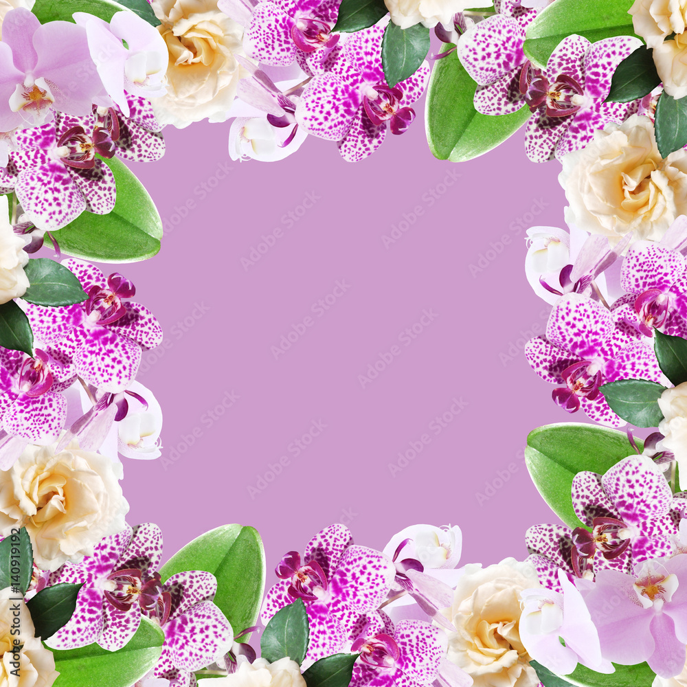 Beautiful floral background of yellow roses and purple orchids Beautiful floral background of yellow roses and purple orchids