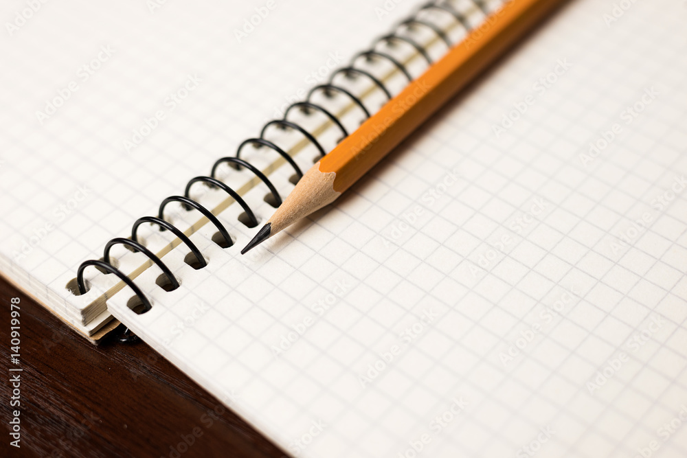 Pencil on the pages of an open notebook for records Pencil on the pages of an open notebook for records