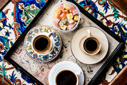 Turkish Coffee with Turkish Delight Kus Lokumu photo