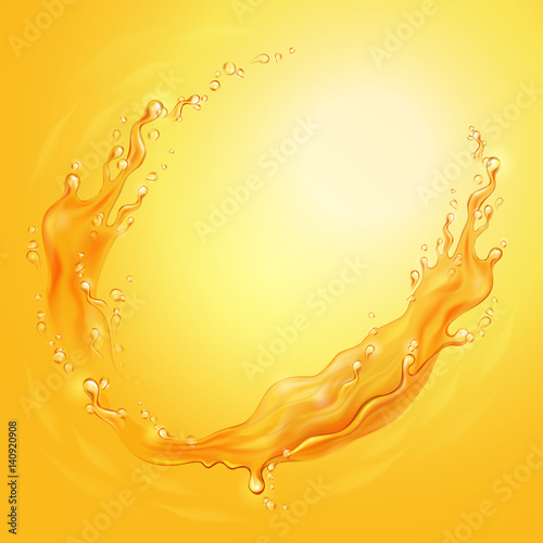 Orange juice frame. Splashes. Water, honey, oil, juice, beer, shampoo. Vector illustration. A splash can be used as a transparent object.