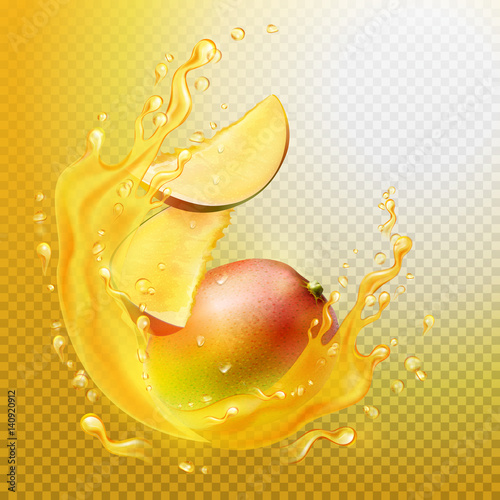 A splash of juice with mango and mango slices. Orange juice frame. Vector illustration.
A splash is a transparent object.