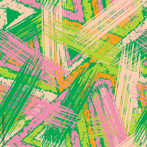 Abstract grunge seamless chaotic pattern with brushstrokes. Urban spring camouflage texture. Trendy colorful background. Modern wallpaper. Fashionable print with a shabby paint effect.