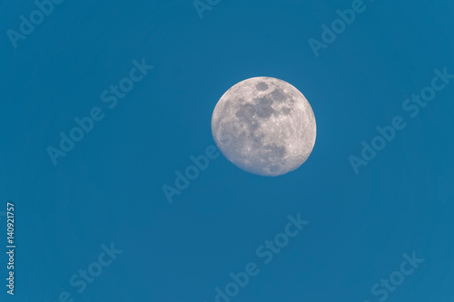 The Moon in a Waxing Gibbous phase in the blue morning background. Detailed craters.