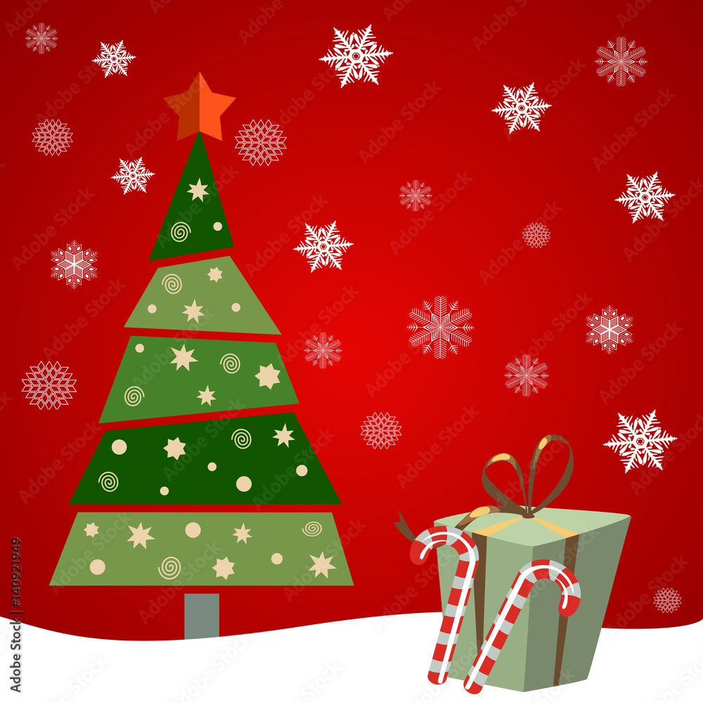 Naklejka premium christmas tree with gifts and candys. Red background