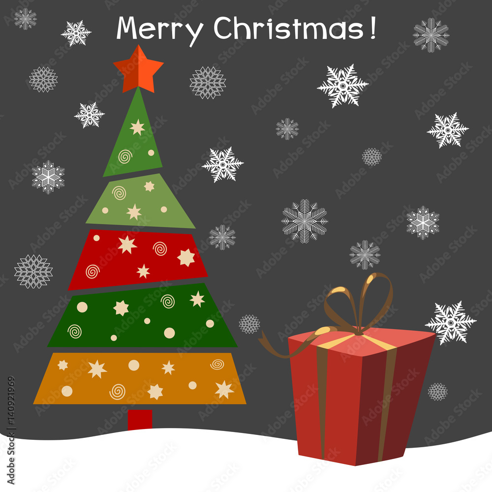 Christmas tree with gifts. Vector illustration. Happy New Year. Greeting card.