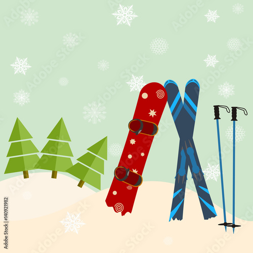 skis and snowboard stick out of snow before a spruce - invitation to the ski resort concept. Vector illustration