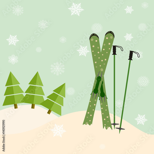 skis stick out of snow before a spruce. invitation to the ski resort concept. Vector illustration