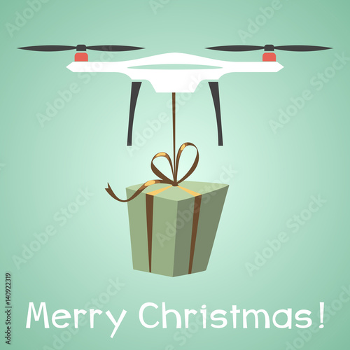 Drone delivery present, New Year Merry Christmas Holiday Banner Flat Vector Illustration