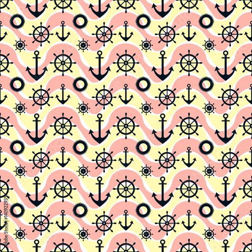 Vector seamless pattern with anchor, steering wheel, waves. Symmetrical pink background, nautical theme. Graphic illustration. Template for wrapping, backgrounds, fabric, prints, decor, surface