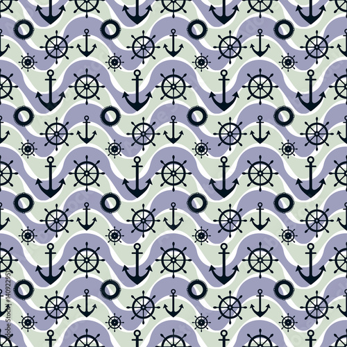 Vector seamless pattern with anchor, steering wheel, waves. Symmetrical pink background, nautical theme. Graphic illustration. Template for wrapping, backgrounds, fabric, prints, decor, surface