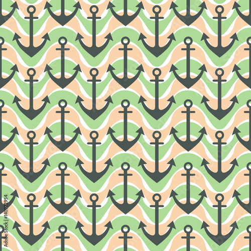 Vector seamless pattern with anchor, waves. Symmetrical green background, nautical theme. Graphic illustration. Template for wrapping, backgrounds, fabric, prints, decor, surface