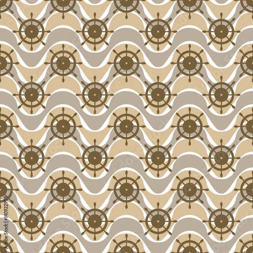 Vector seamless pattern with steering wheel, waves. Symmetrical brown background, nautical theme. Graphic illustration. Template for wrapping, backgrounds, fabric, prints, decor, surface