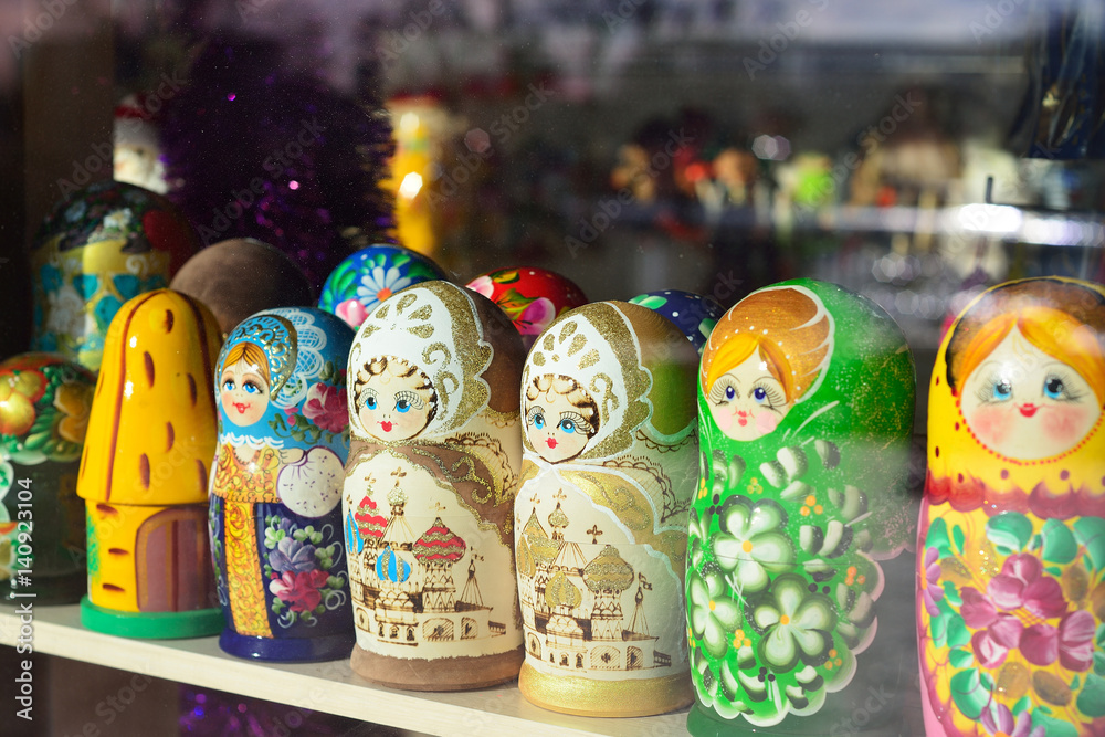 Vetrin gift shop with Russian national souvenir - matryoshka.