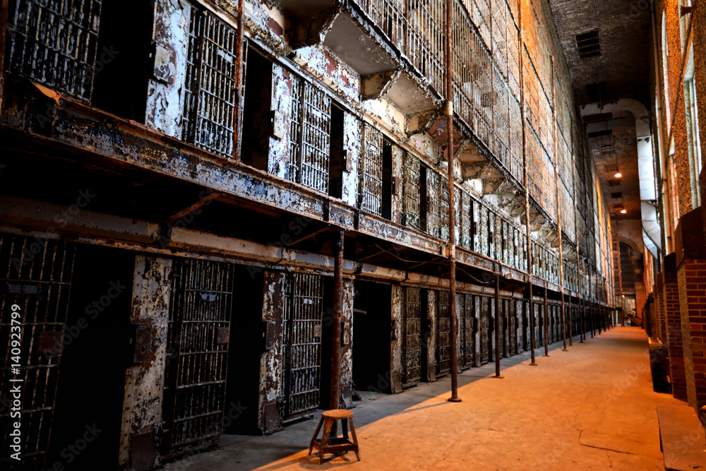 The inside of the Ohio State Reformatory shows six floors of prisoner cells.  This is a popular location in Ohio for tours.