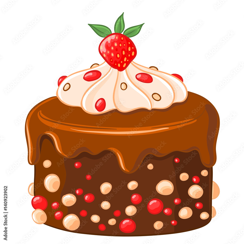 Cartoon icon chocolate-coffee cake with caramel syrup, strawberries and whipped cream. Cartoon icon chocolate-coffee cake with caramel syrup, strawberries and whipped cream.
