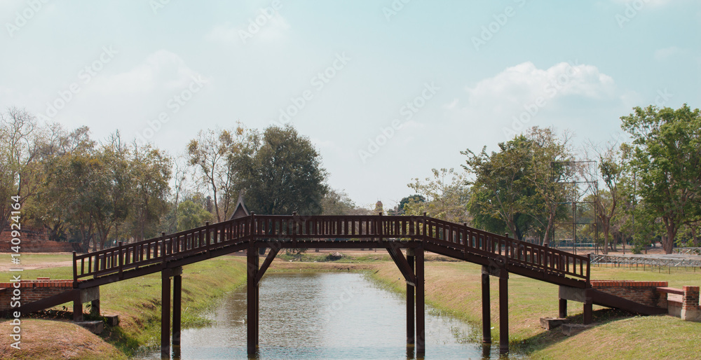 Antique old wooden bridge ancient style for cross the river