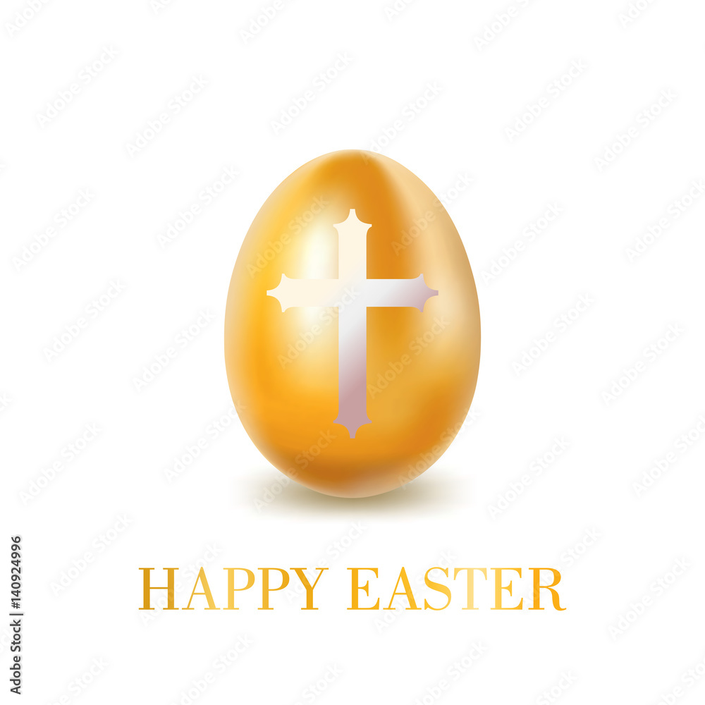Fototapeta premium Gold Easter egg with white cross on white background. inscription Happy Easter. Vector illustration
